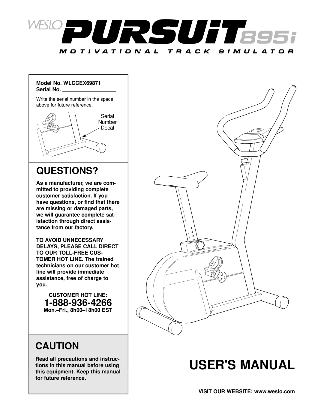 Weslo WLCCEX69871 user manual Questions?, Customer HOT Line 