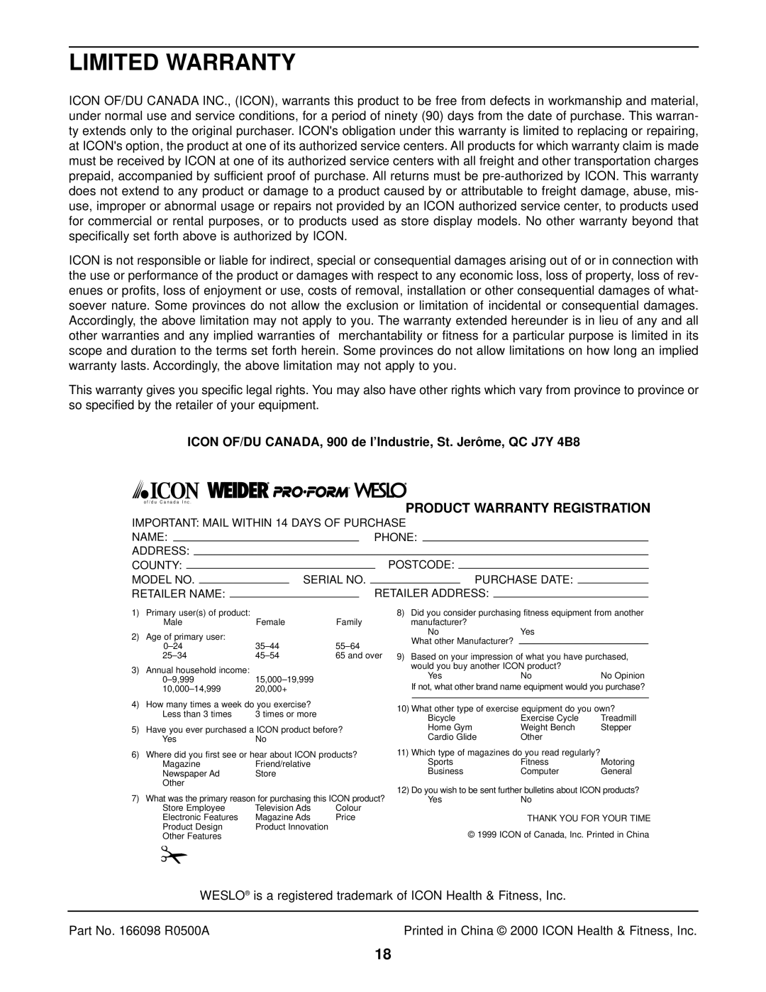 Weslo WLCCEX69871 user manual Limited Warranty, Product Warranty Registration 