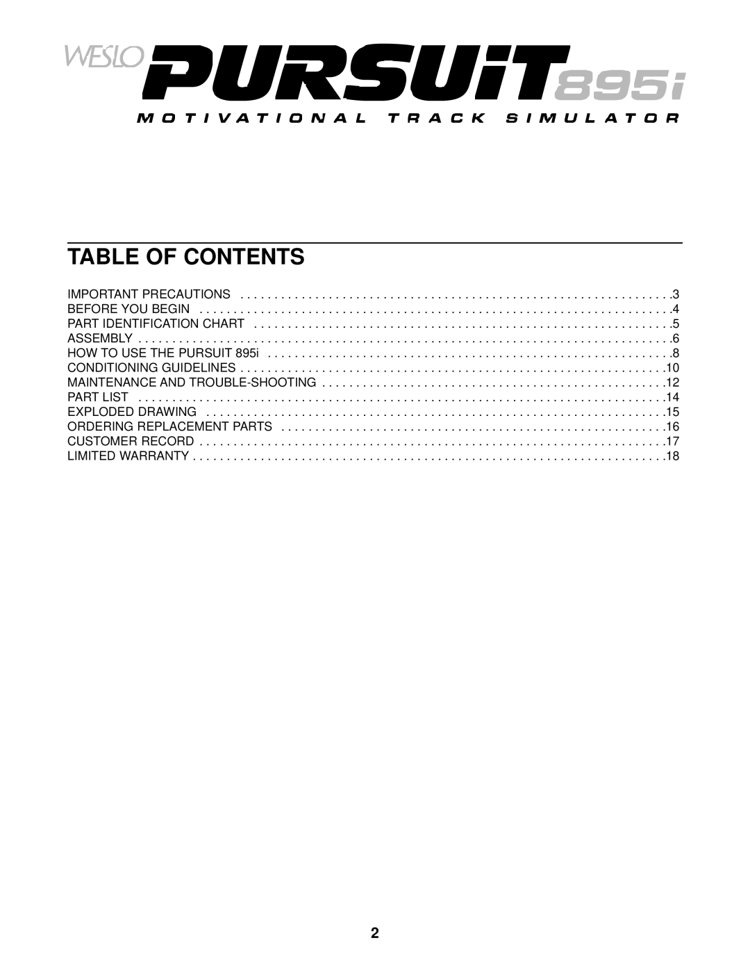 Weslo WLCCEX69871 user manual Table of Contents 