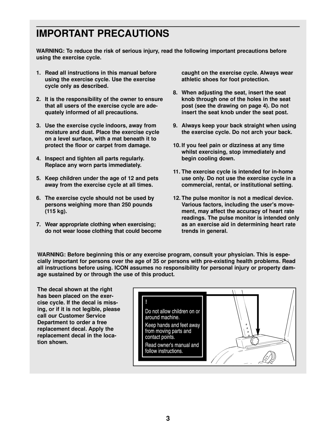 Weslo WLCCEX69871 user manual Important Precautions 