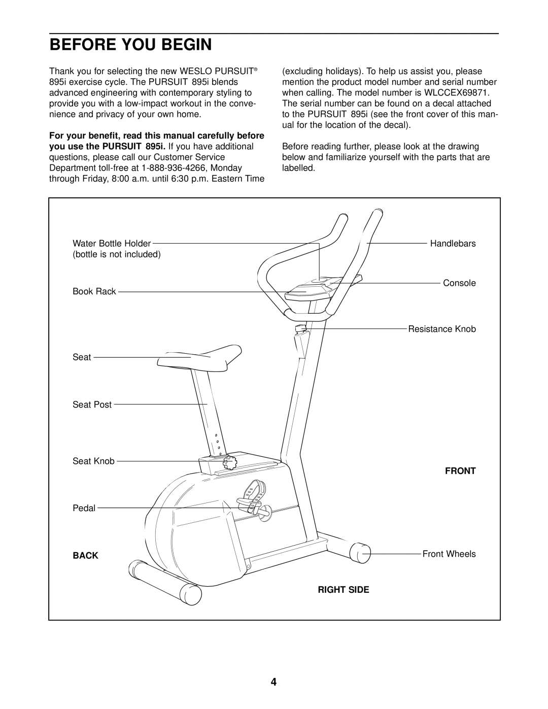 Weslo WLCCEX69871 user manual Before YOU Begin, Front, Back, Right Side 