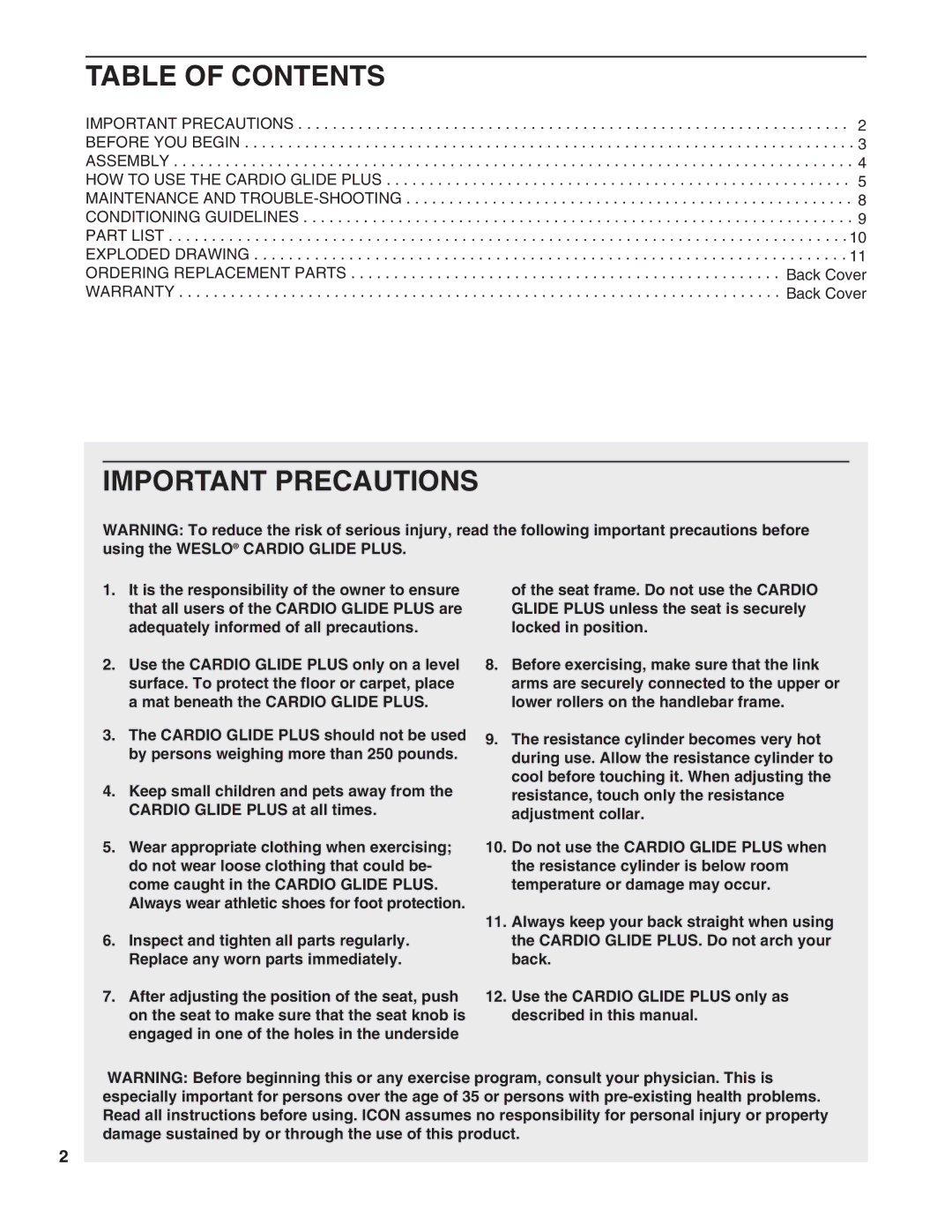 Weslo WLCR96058 user manual Table of Contents, Important Precautions 