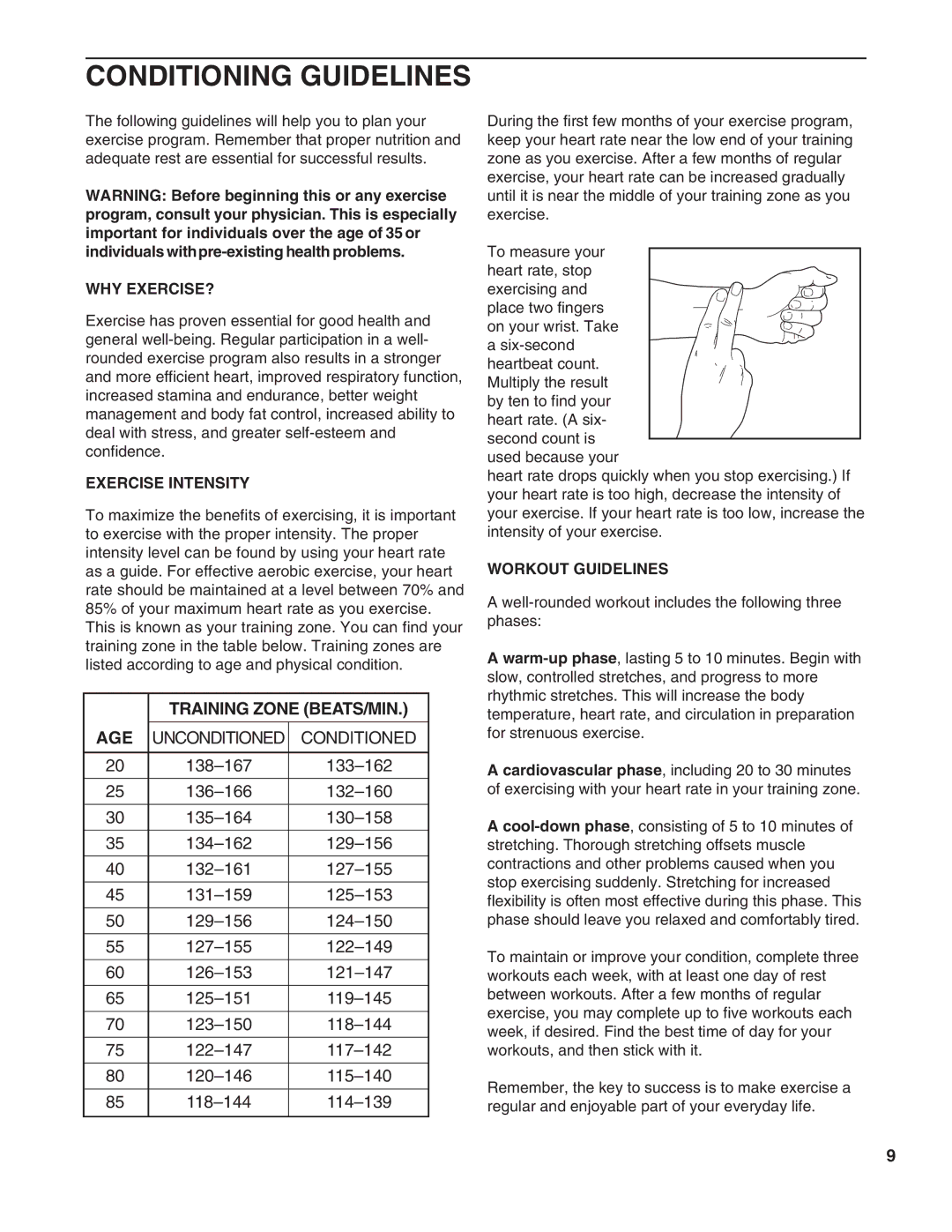 Weslo WLCR96058 user manual Conditioning Guidelines, Why Exercise?, Exercise Intensity, Workout Guidelines 