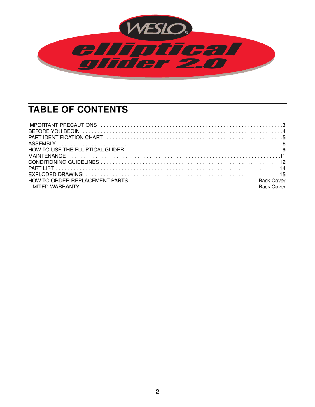 Weslo WLEL09910 user manual Table of Contents 