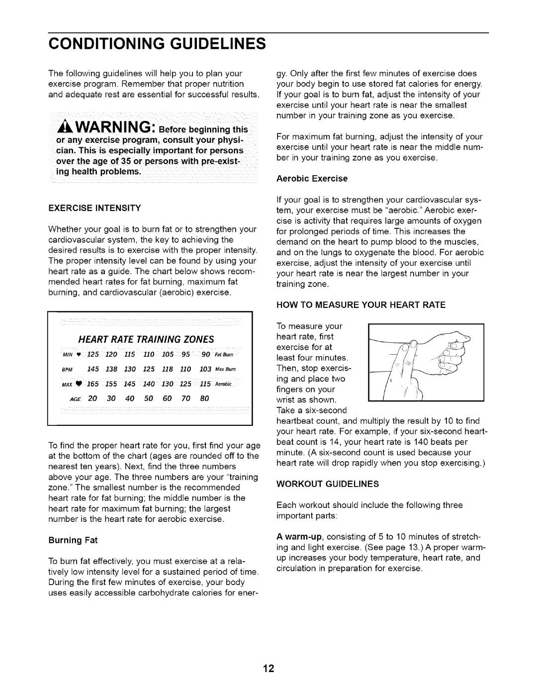 Weslo WLEL19020 Conditioning Guidelines, Exercise Intensity, Burning Fat, Aerobic Exercise, HOW to Measure Your Heart Rate 