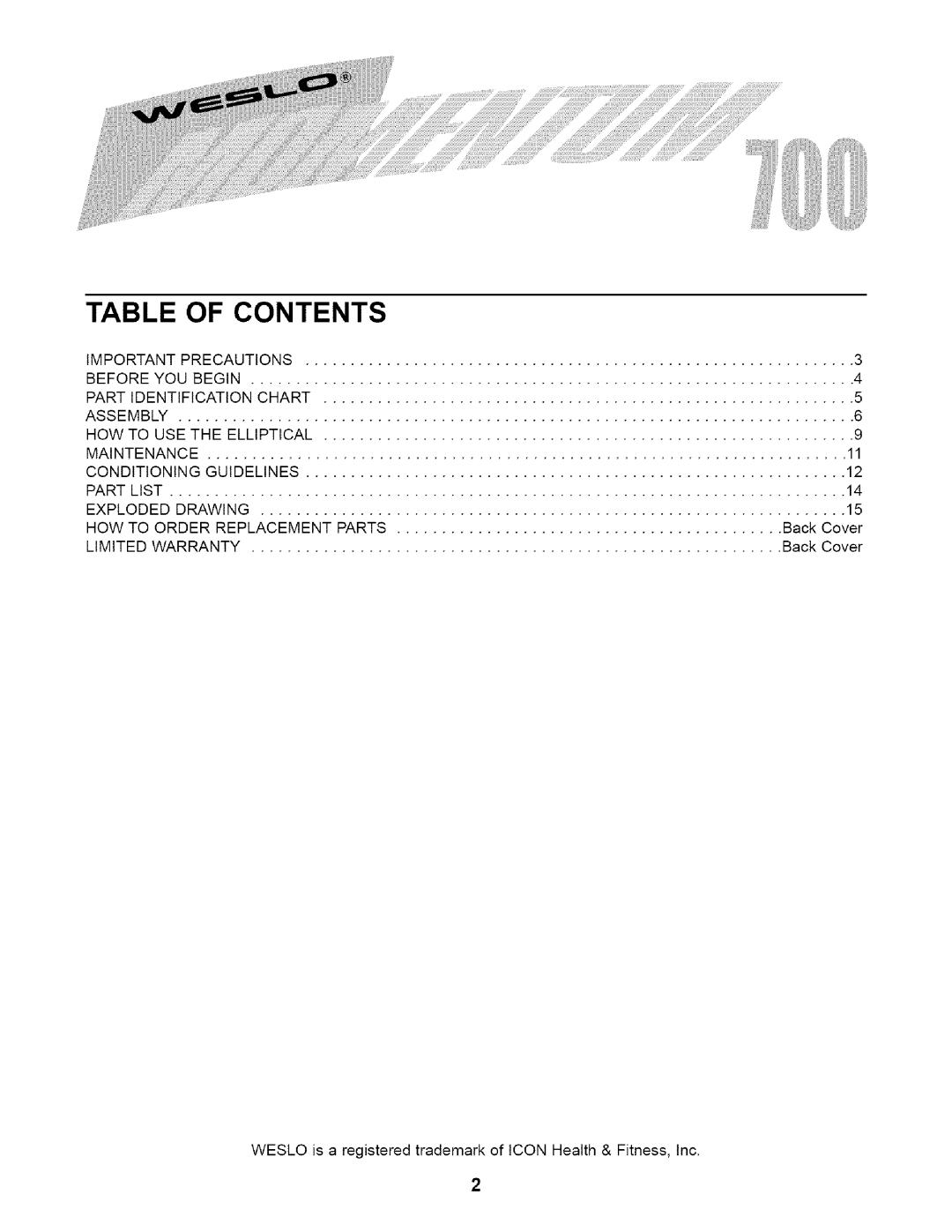 Weslo WLEL19020 user manual Table of Contents 