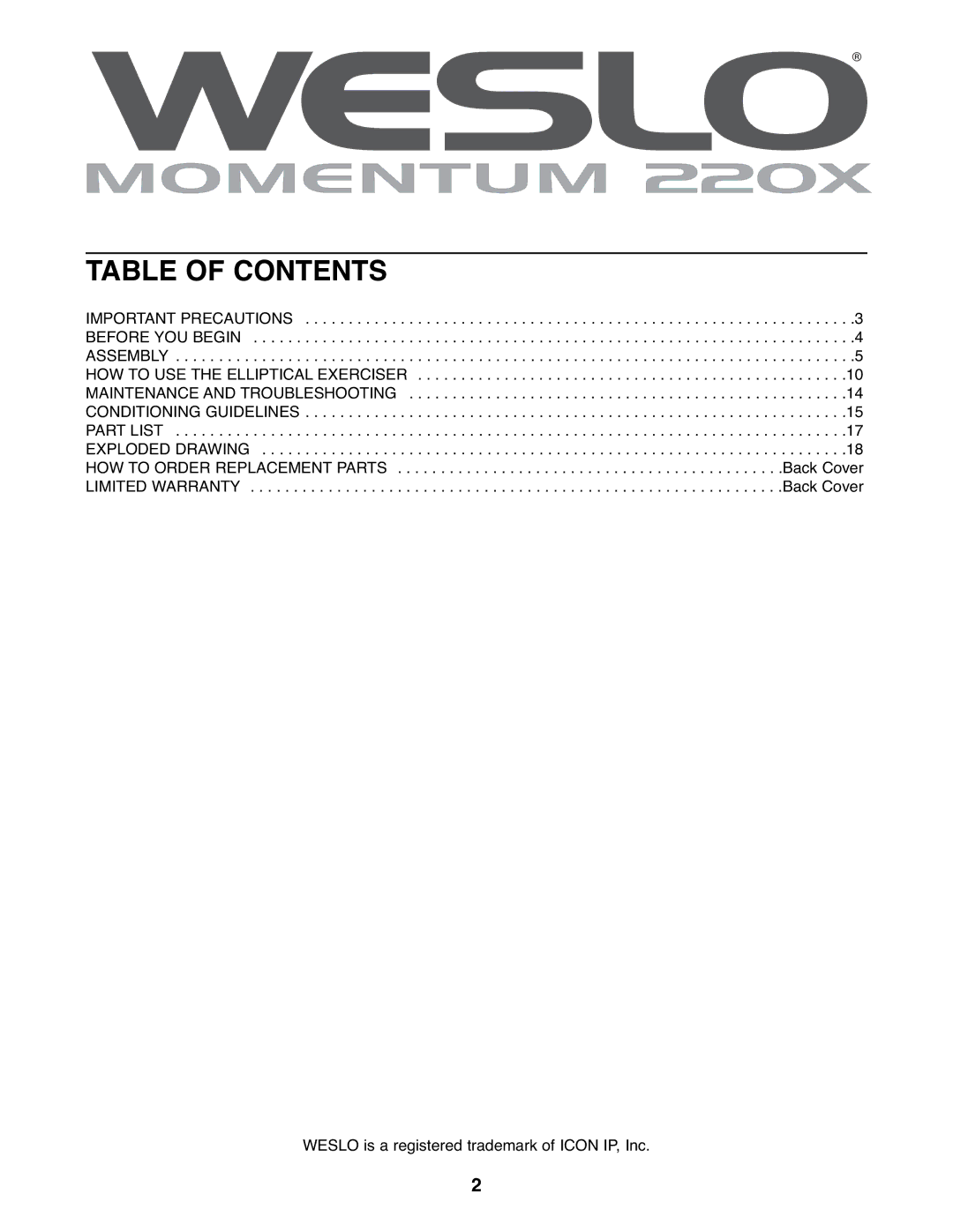 Weslo WLEL2006.0 user manual Table of Contents 