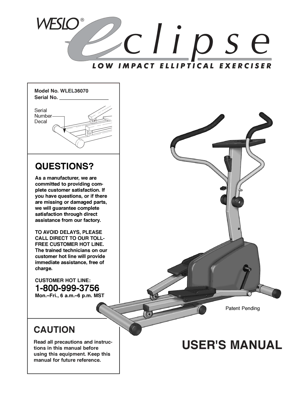 Weslo WLEL36070 user manual Questions?, Customer HOT Line 