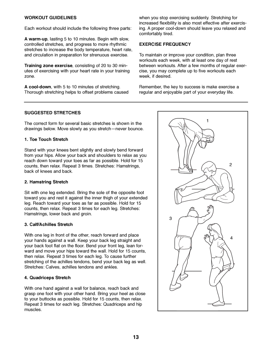 Weslo WLEL36070 user manual Workout Guidelines, Exercise Frequency, Suggested Stretches 