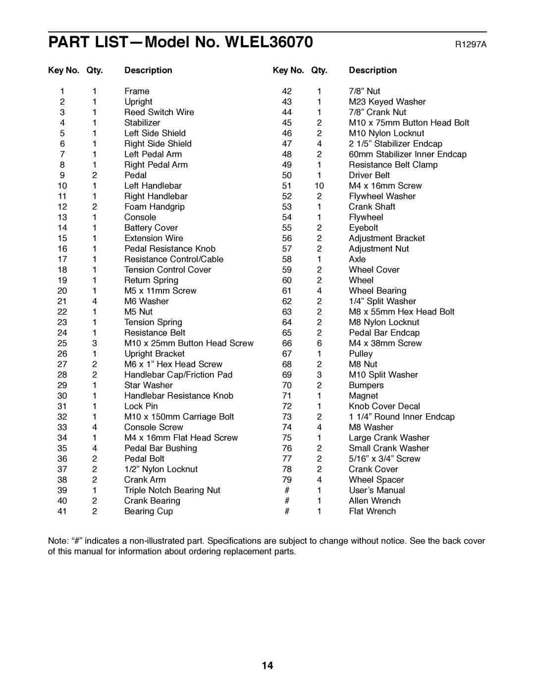 Weslo user manual Part LISTÑModel No. WLEL36070 