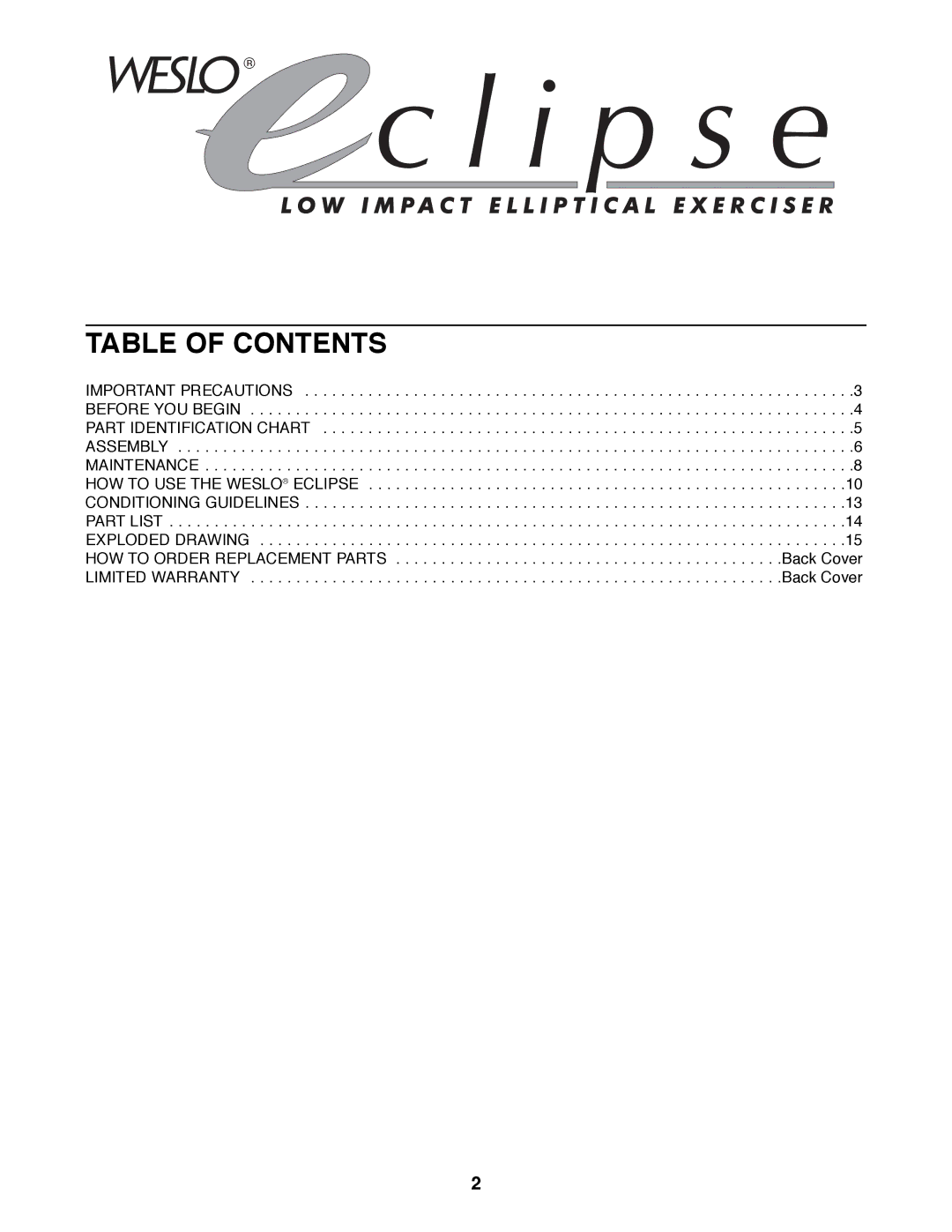 Weslo WLEL36070 user manual Table of Contents 