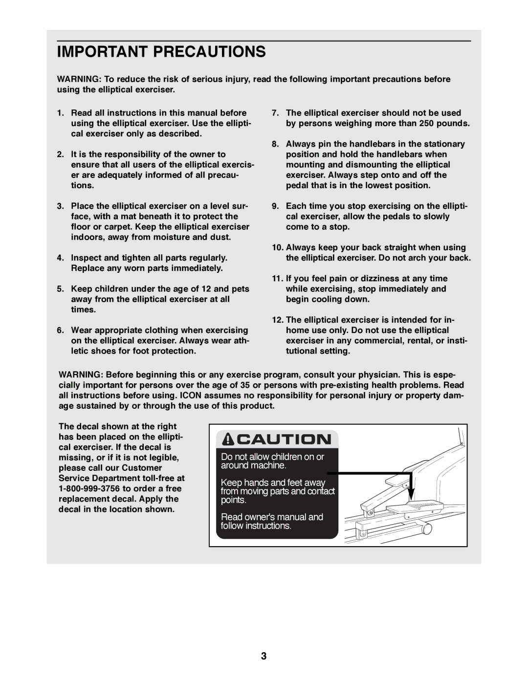 Weslo WLEL36070 user manual Important Precautions 