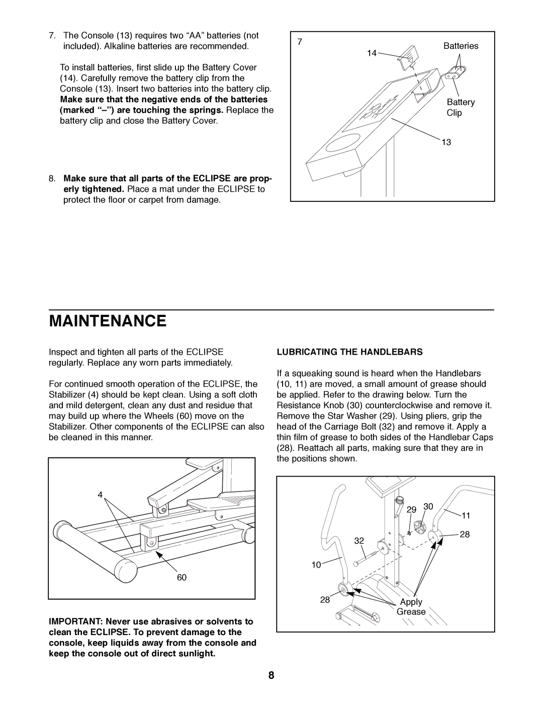 Weslo WLEL36070 user manual Maintenance, Lubricating the Handlebars 