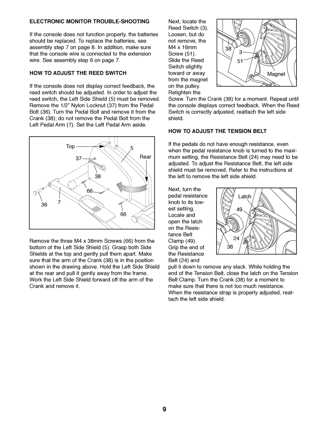 Weslo WLEL36070 Electronic Monitor TROUBLE-SHOOTING, HOW to Adjust the Reed Switch, HOW to Adjust the Tension Belt 