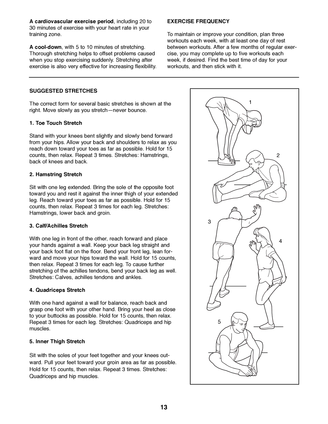 Weslo WLEL45070 manual Exercise Frequency, Suggested Stretches 