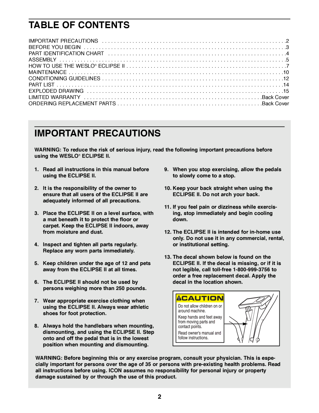 Weslo WLEL45070 manual Table of Contents, Important Precautions 