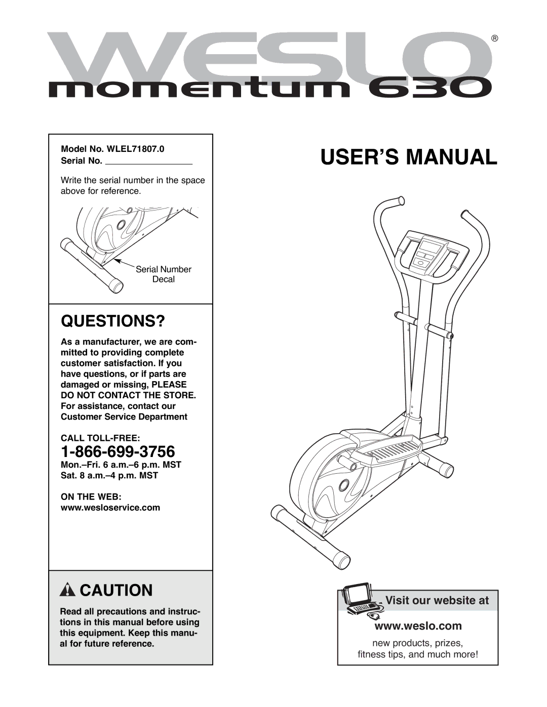 Weslo WLEL71807.0 user manual Questions?, Call TOLL-FREE, On the WEB 