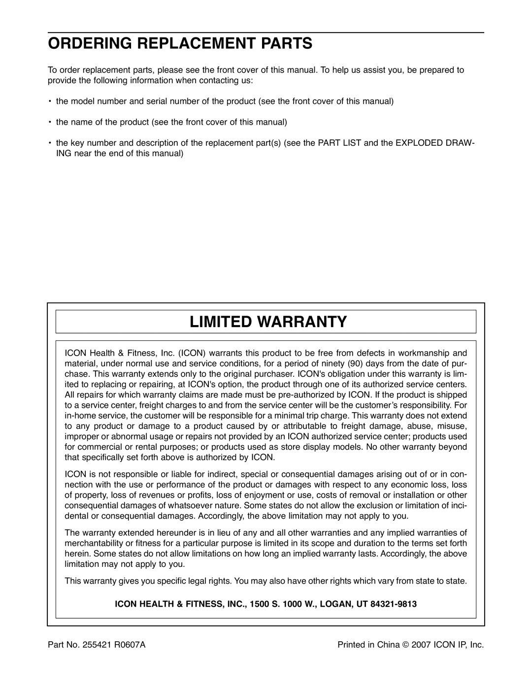 Weslo WLEL71807.0 user manual Ordering Replacement Parts, Limited Warranty 