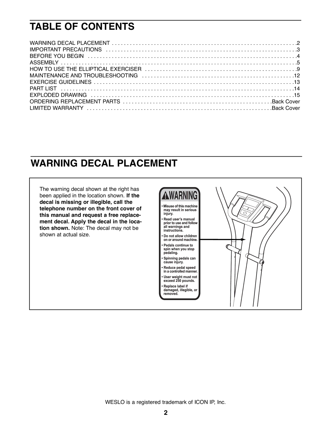 Weslo WLEL71807.0 user manual Table of Contents 