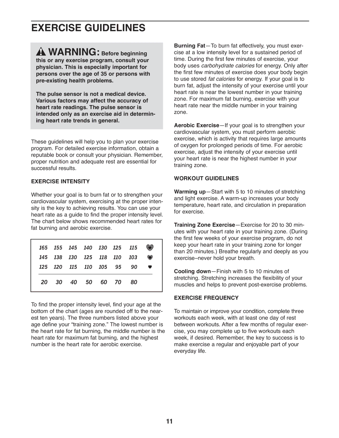 Weslo WLEL7397.1 user manual Exercise Guidelines, Exercise Intensity, Workout Guidelines, Exercise Frequency 