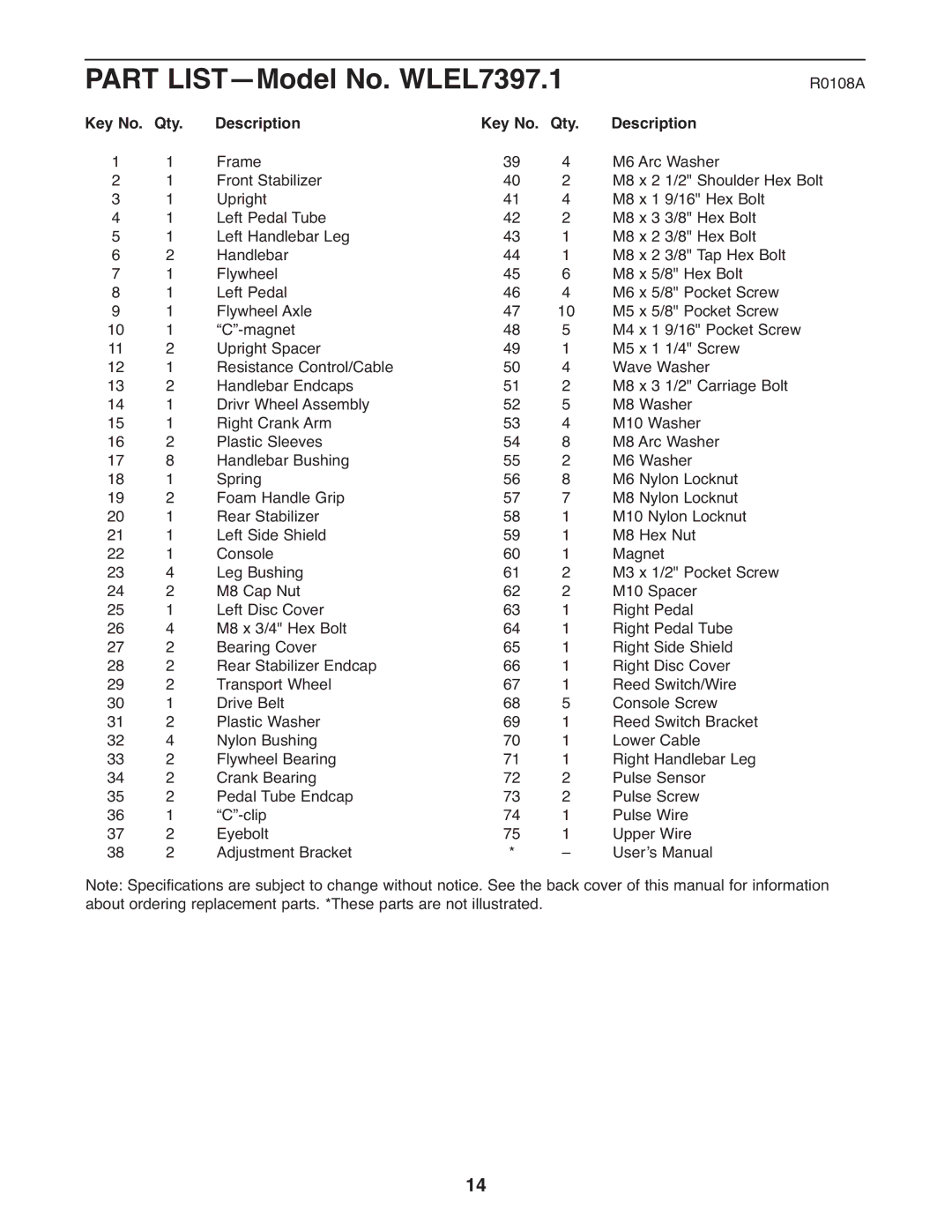 Weslo user manual Part LIST-Model No. WLEL7397.1 