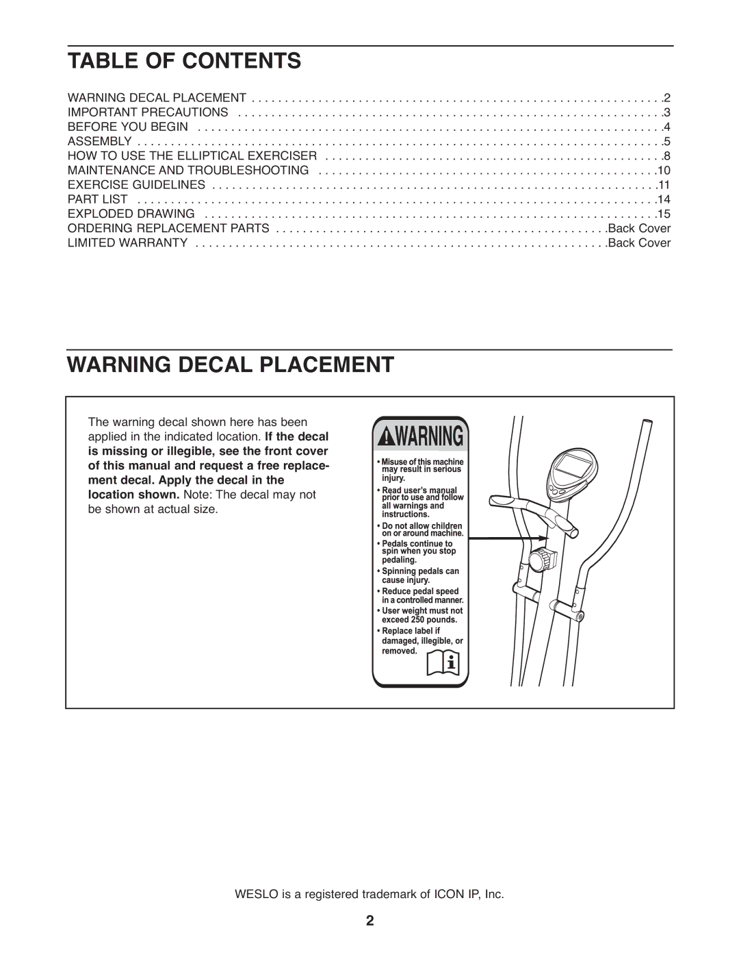 Weslo WLEL7397.1 user manual Table of Contents 