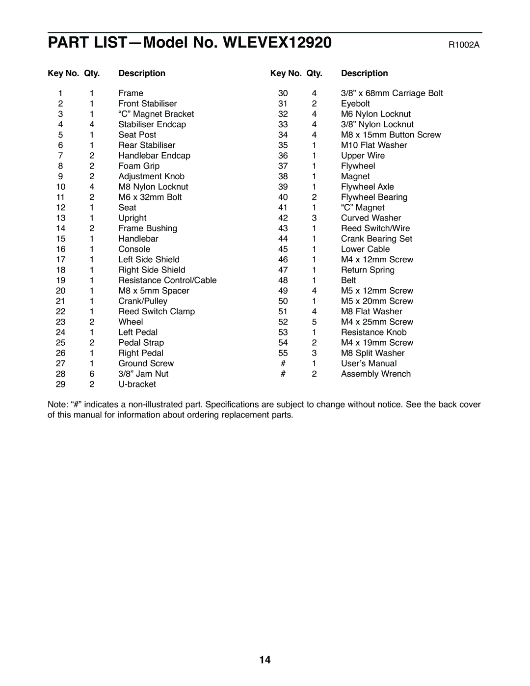 Weslo user manual Part LIST-Model No. WLEVEX12920, Key No. Qty Description 