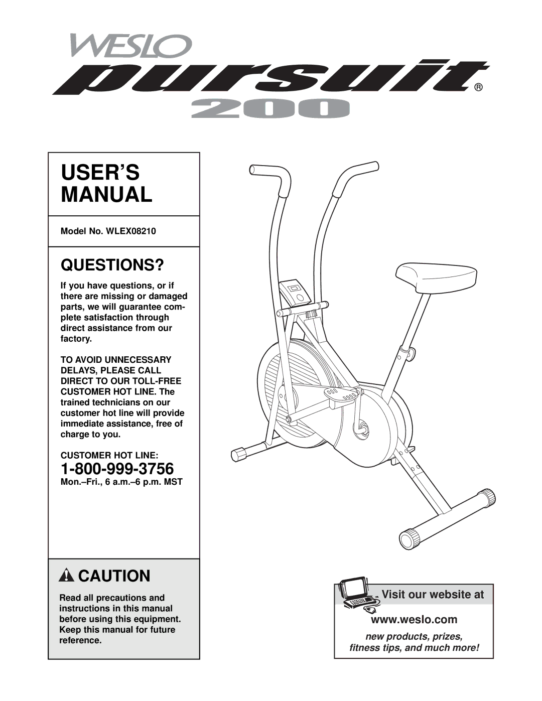 Weslo user manual Questions?, Model No. WLEX08210, Customer HOT Line 