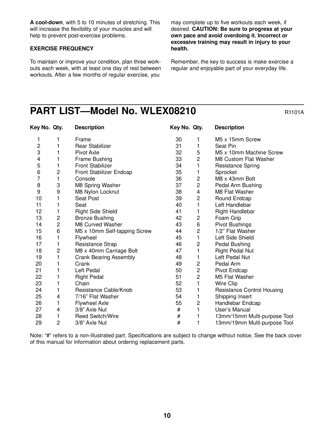 Weslo WLEX08210 user manual Exercise Frequency, Key No. Qty Description 