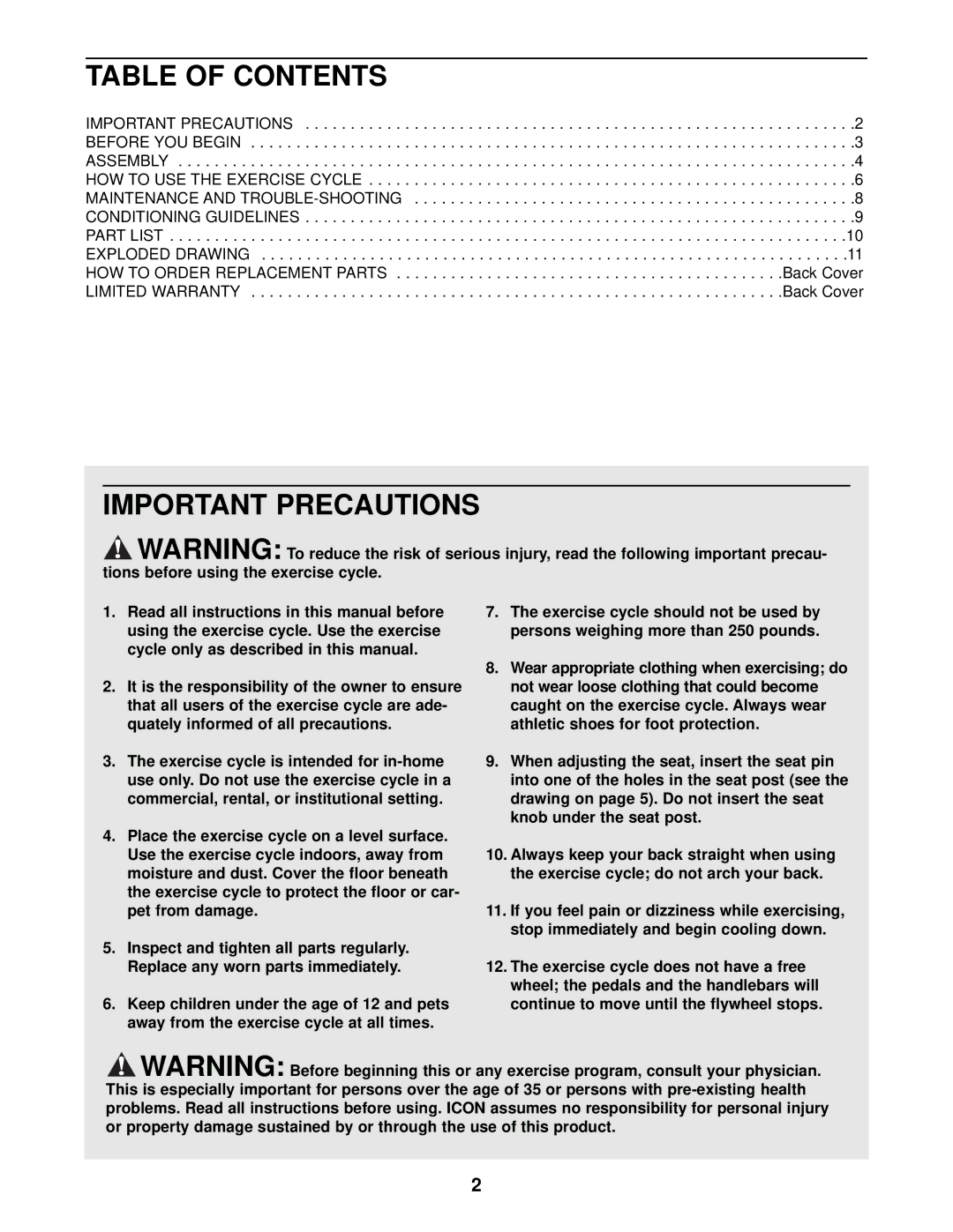 Weslo WLEX08210 user manual Table of Contents, Important Precautions 