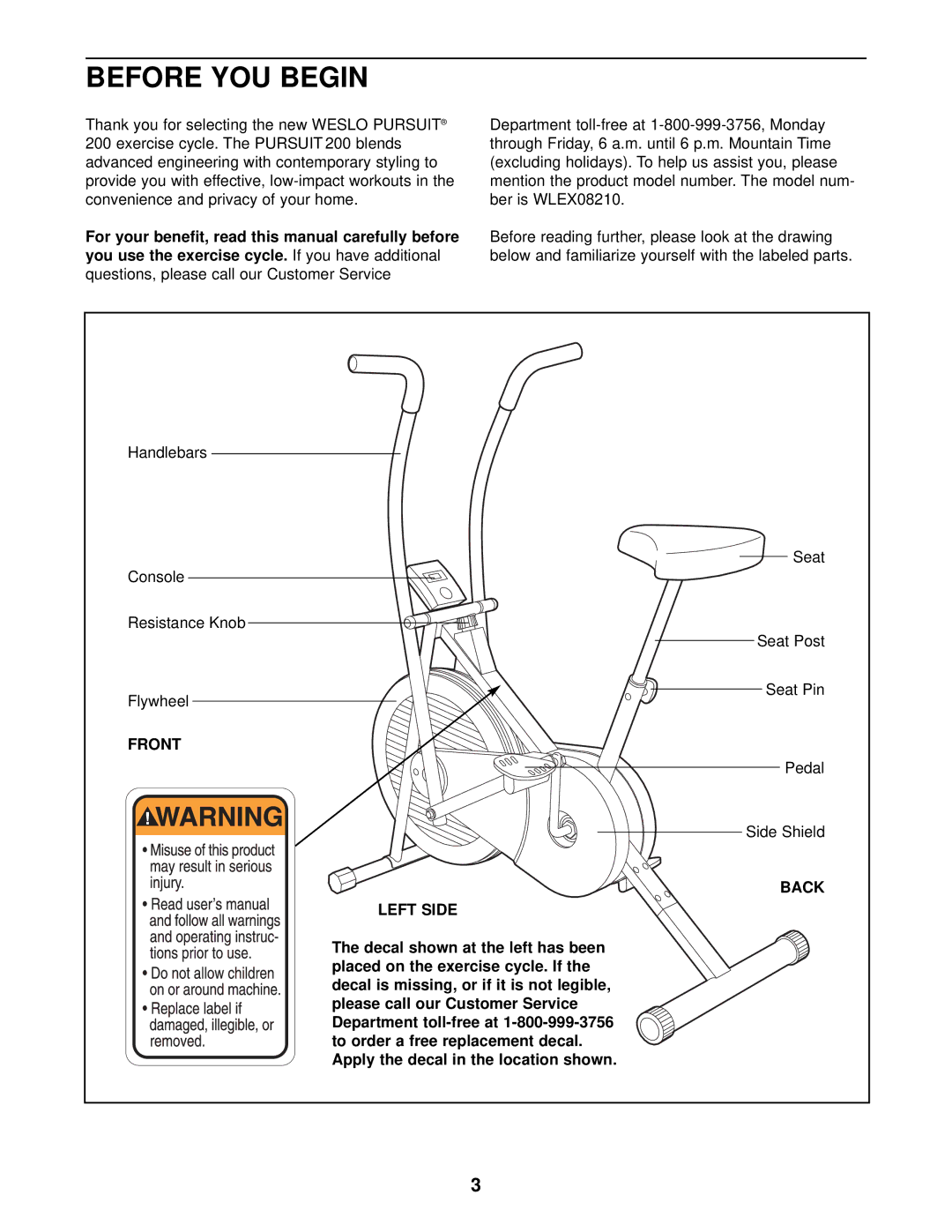 Weslo WLEX08210 user manual Before YOU Begin, Front, Back Left Side 