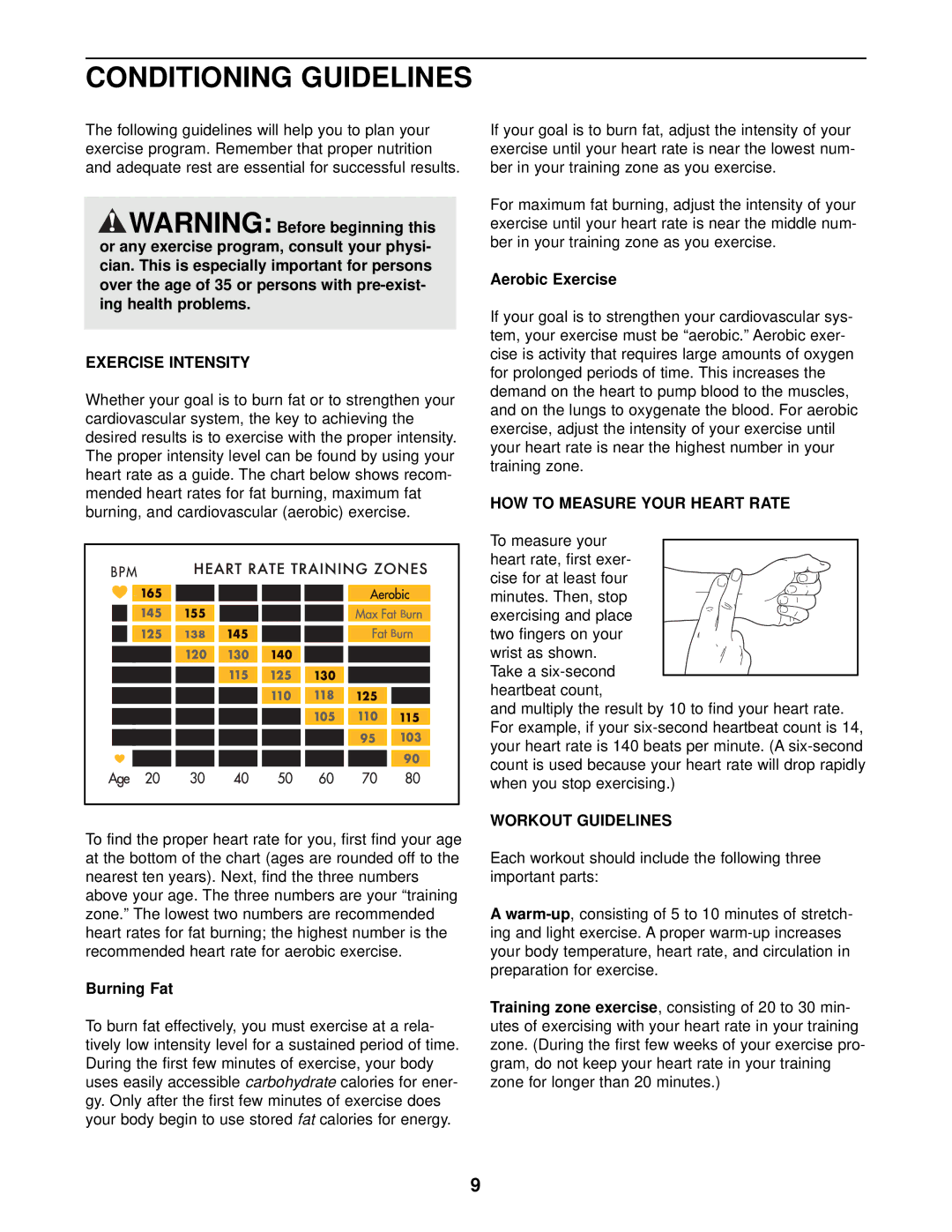 Weslo WLEX08210 user manual Conditioning Guidelines, Exercise Intensity, HOW to Measure Your Heart Rate, Workout Guidelines 