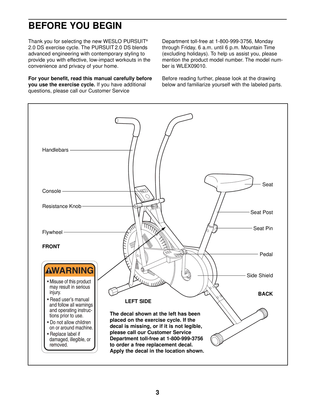 Weslo WLEX09010 user manual Before YOU Begin, Front, Back Left Side 