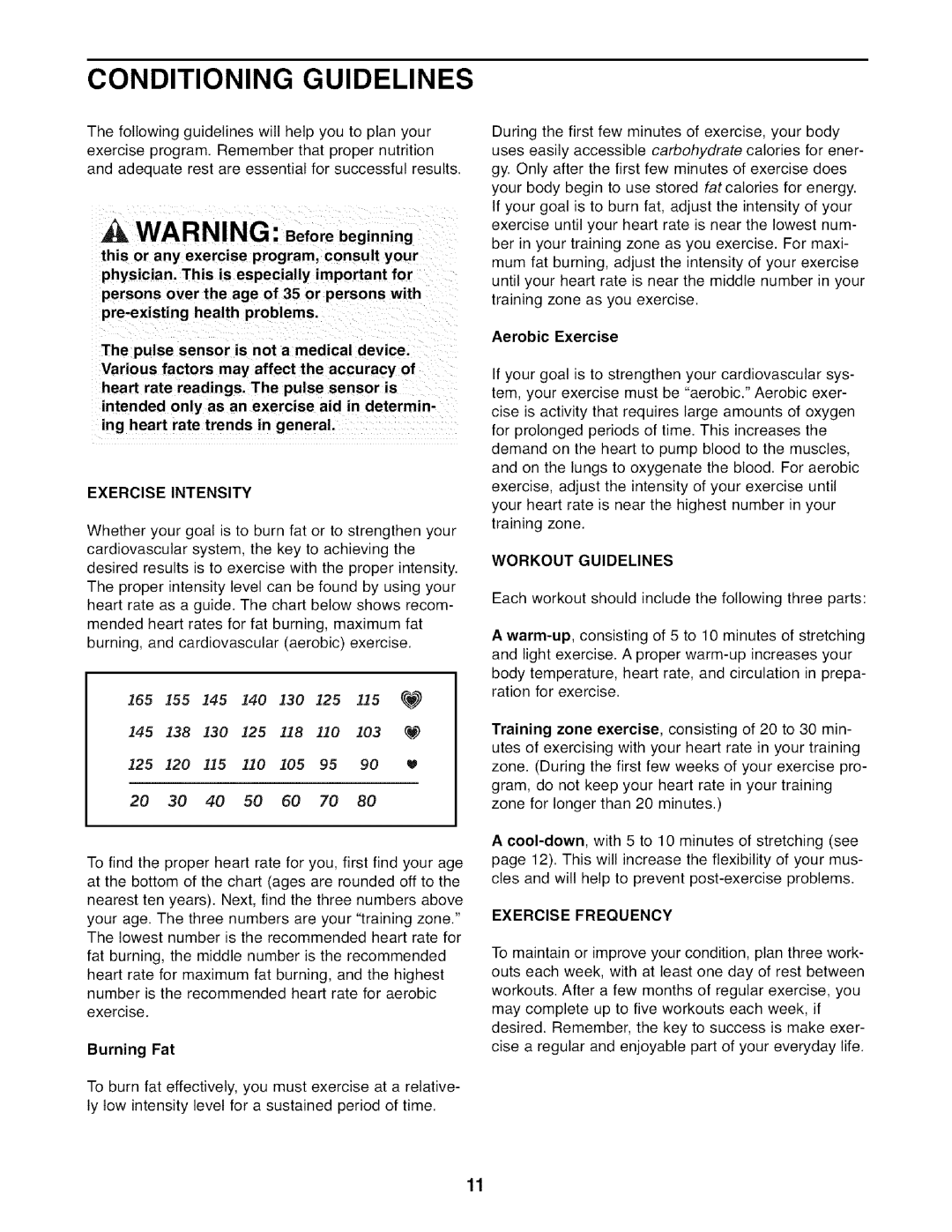 Weslo 831,21600,1, WLEX1076.1 user manual Conditioning Guidelines, Exercise Intensity, Burning Fat, Aerobic Exercise 