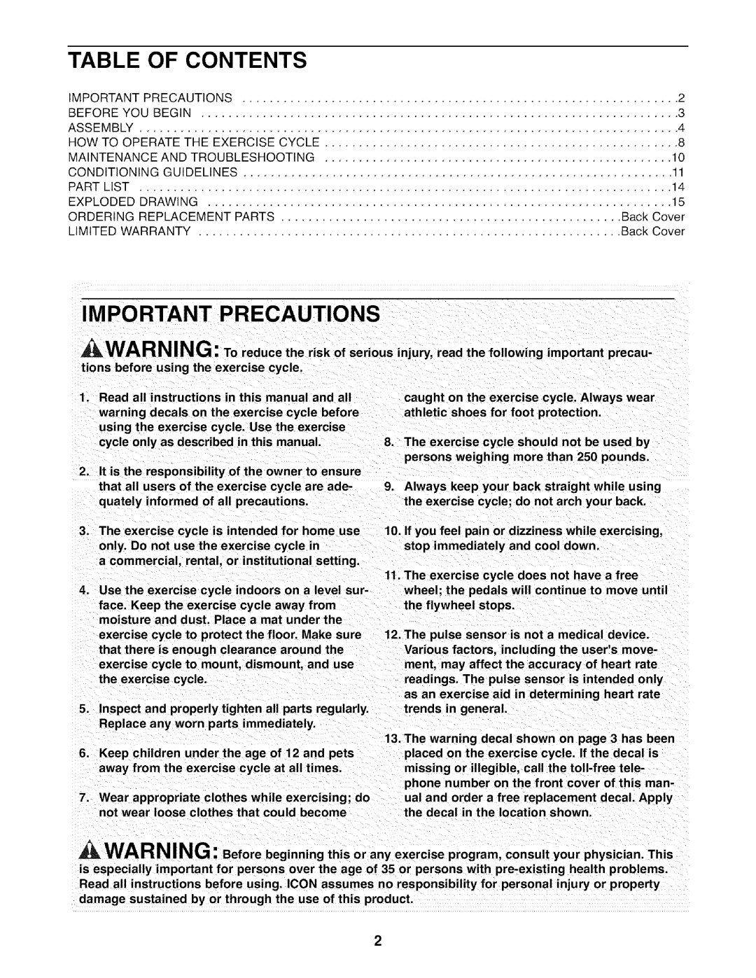 Weslo WLEX1076.1, 831,21600,1 user manual Table of Contents, Important Precautions 