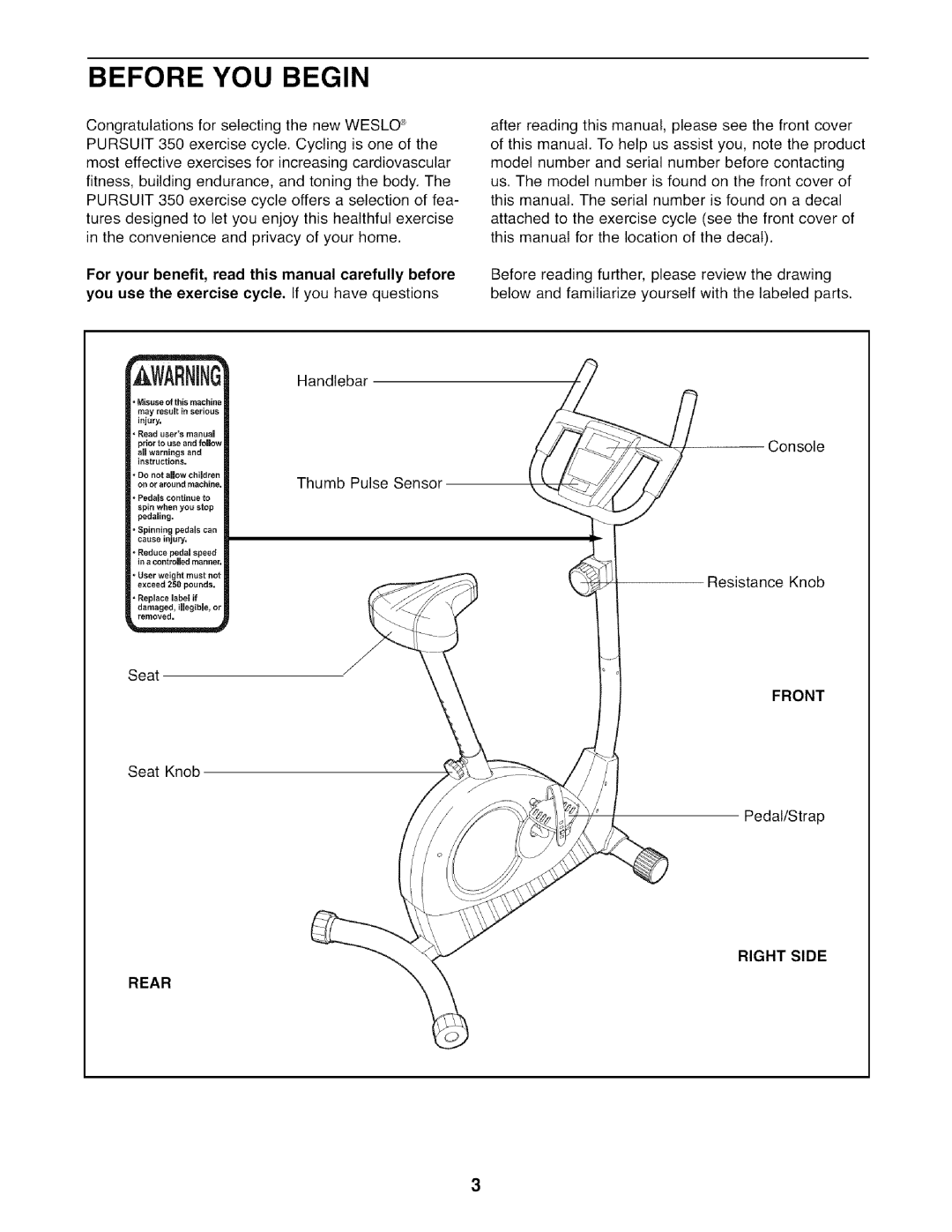Weslo 831,21600,1, WLEX1076.1 user manual Before You Begin, Handlebar, Thumb Pulse Sensor, Seat, Right Side Rear 