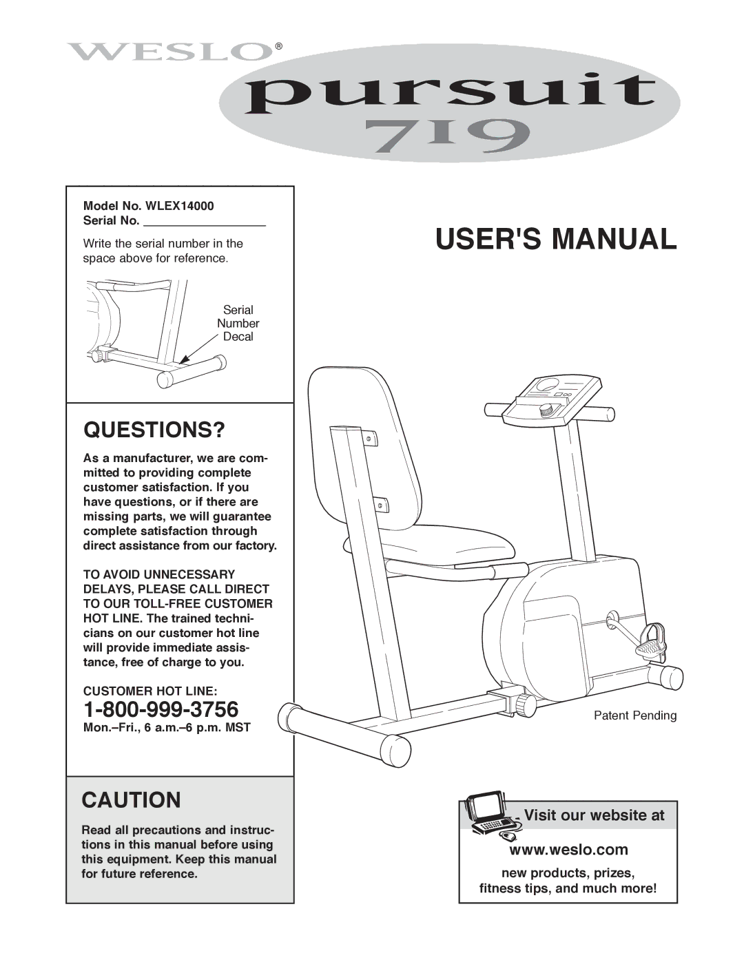 Weslo user manual Questions?, Model No. WLEX14000 Serial No, Customer HOT Line 