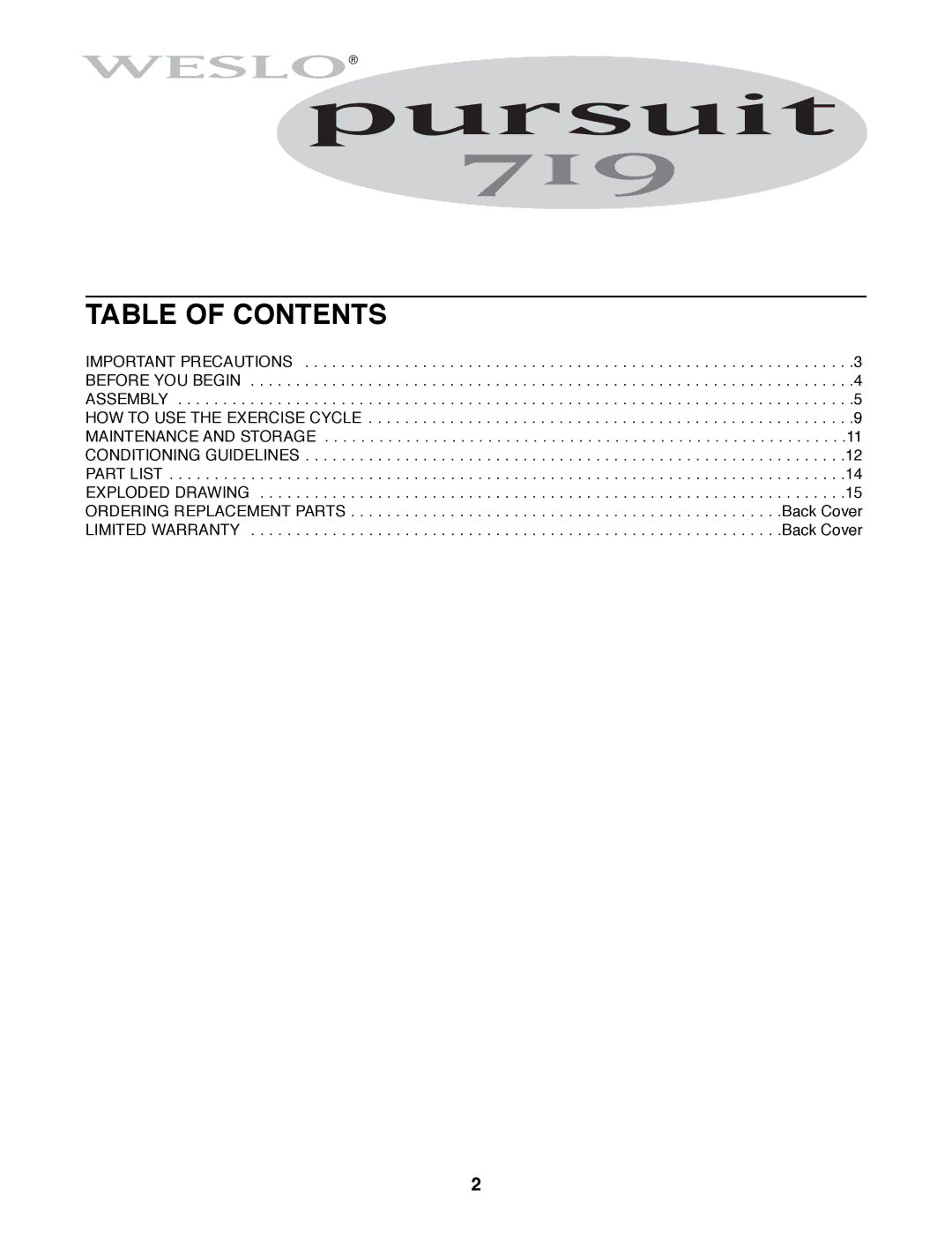 Weslo WLEX14000 user manual Table of Contents 