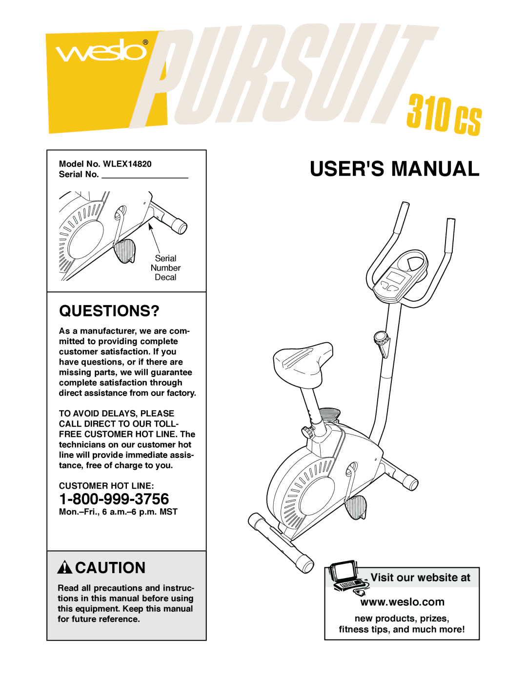 Weslo user manual Questions?, Model No. WLEX14820 Serial No, Customer HOT Line 