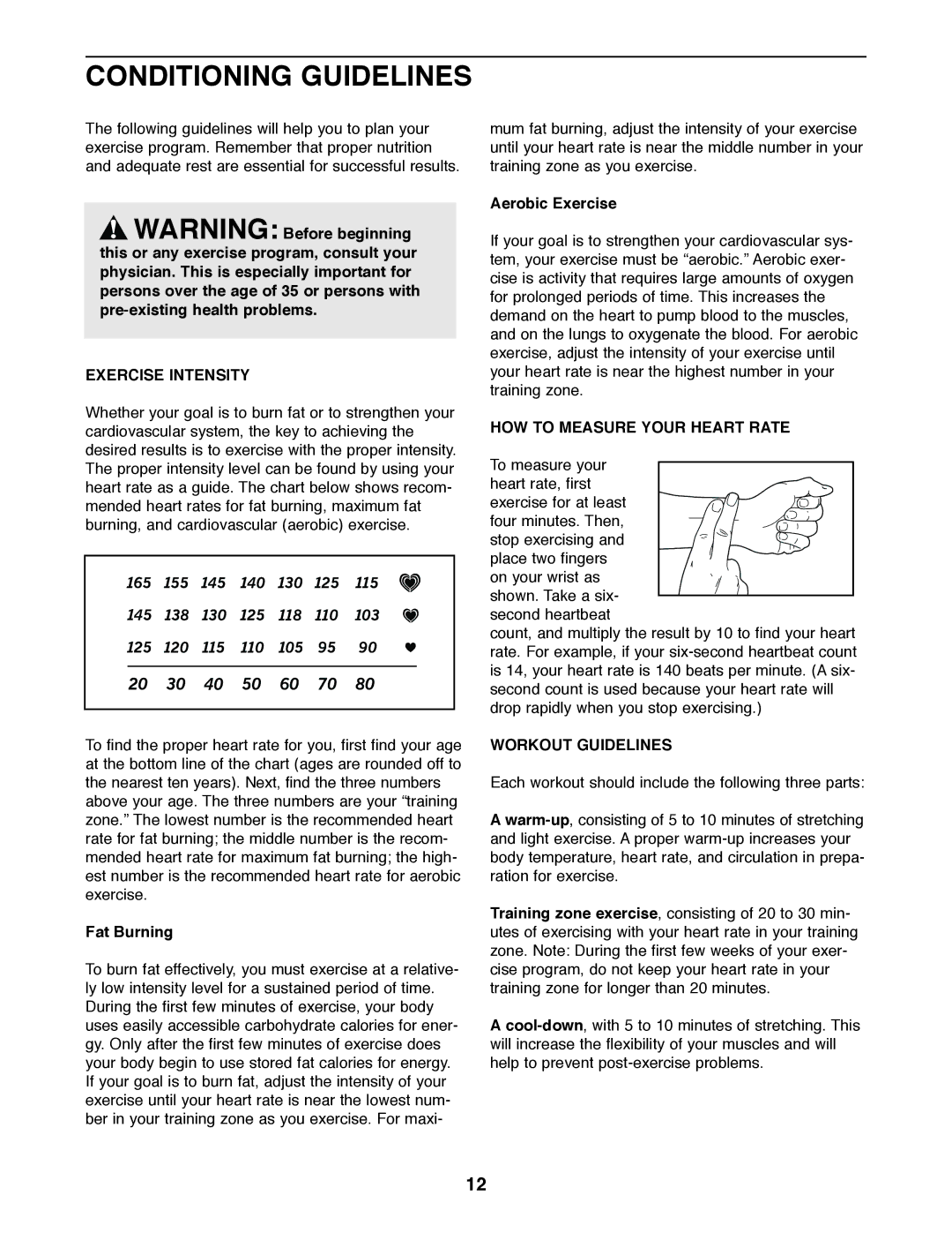 Weslo WLEX14820 user manual Conditioning Guidelines, Exercise Intensity, HOW to Measure Your Heart Rate, Workout Guidelines 