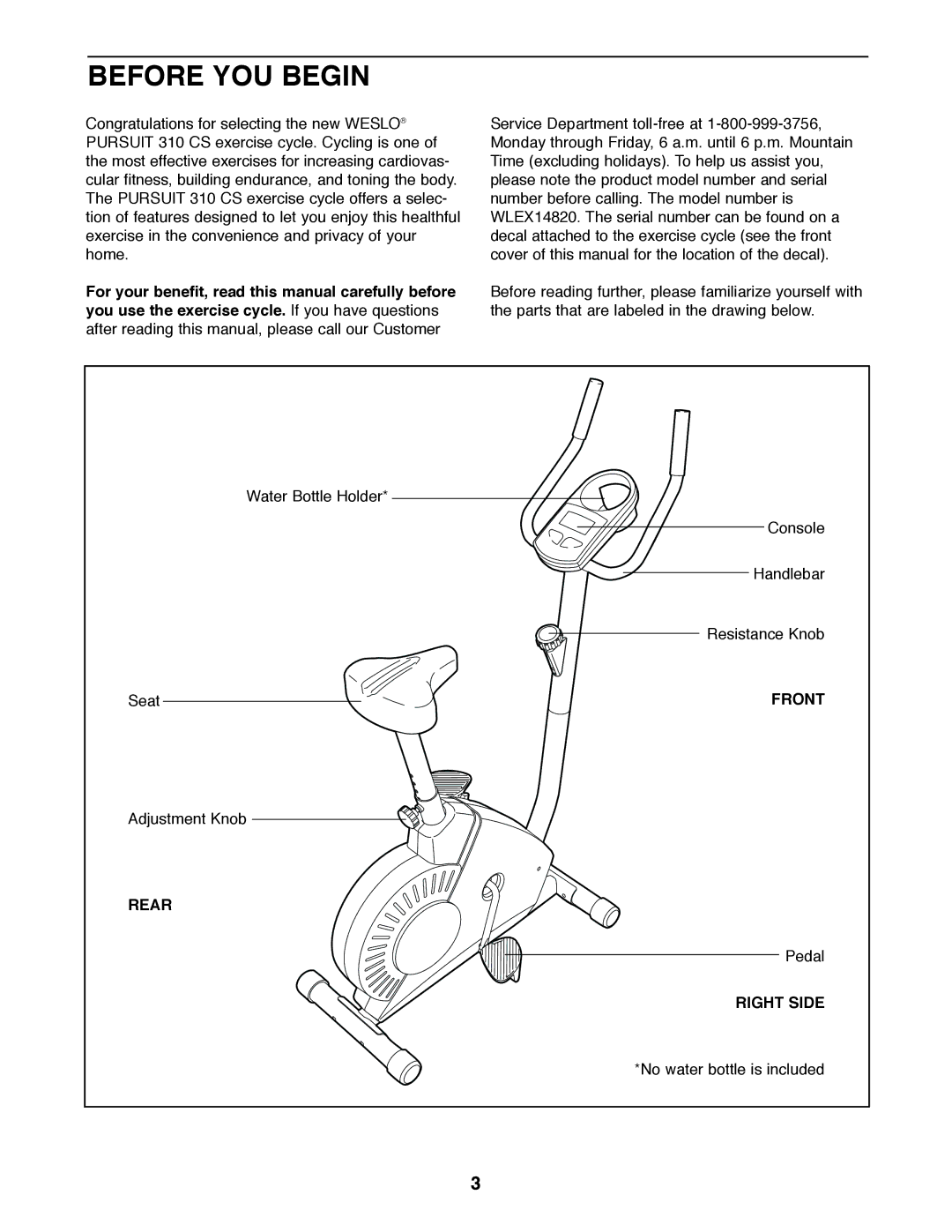 Weslo WLEX14820 user manual Before YOU Begin, Front, Rear, Right Side 