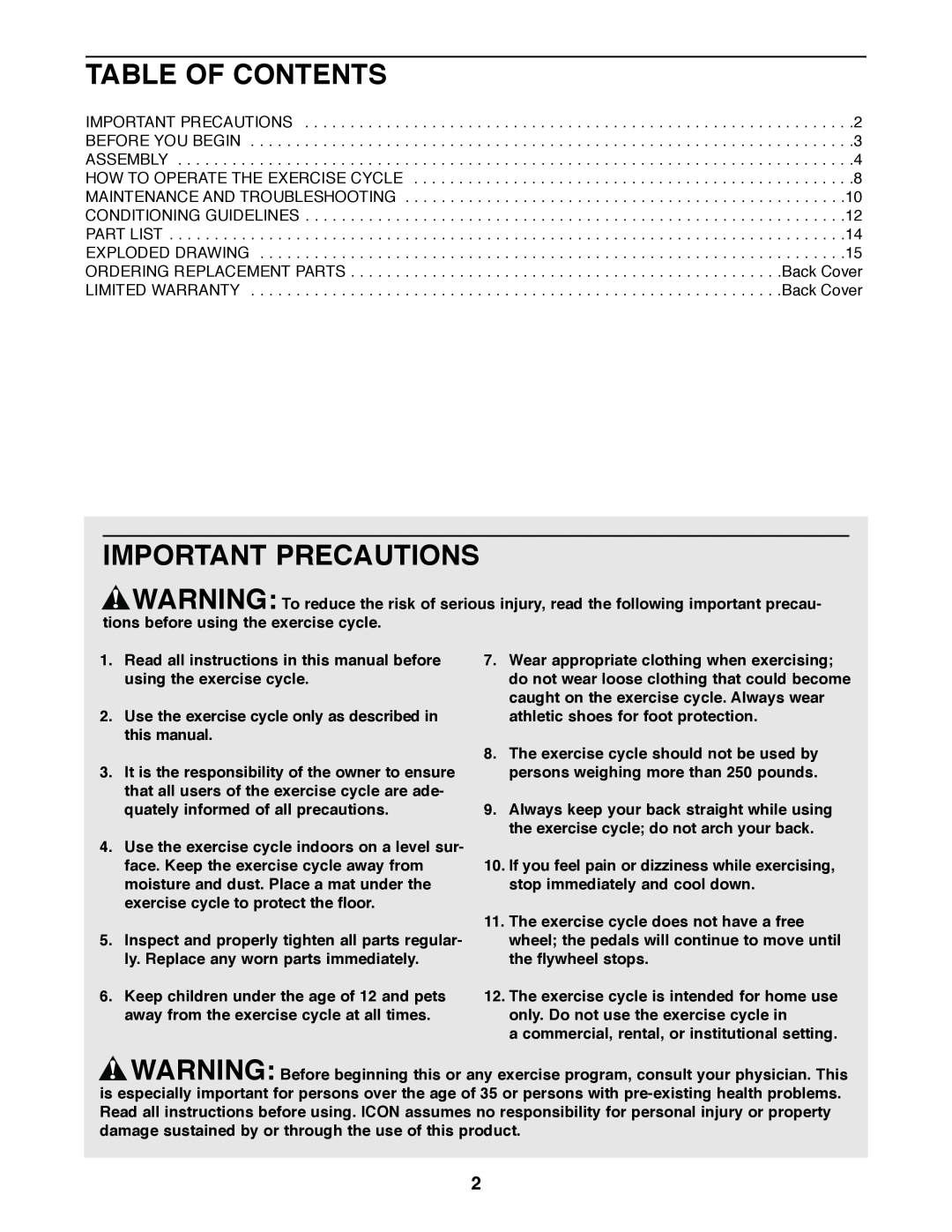 Weslo WLEX14820 Table Of Contents, Important Precautions, Use the exercise cycle only as described in this manual 