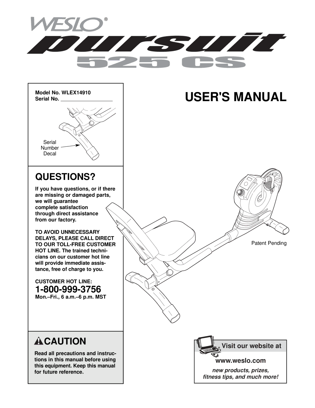 Weslo user manual Questions?, Model No. WLEX14910 Serial No, Customer HOT Line 