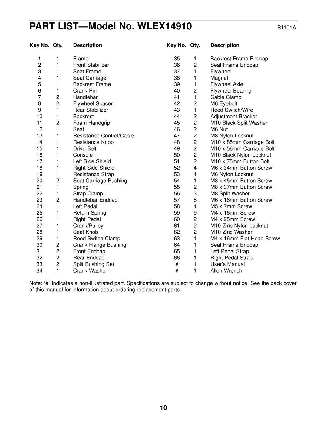 Weslo user manual Part LIST-Model No. WLEX14910, Key No. Qty Description 