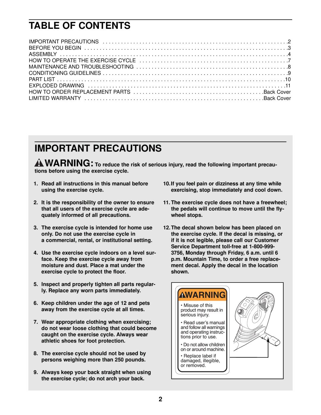 Weslo WLEX14910 user manual Table of Contents, Important Precautions 