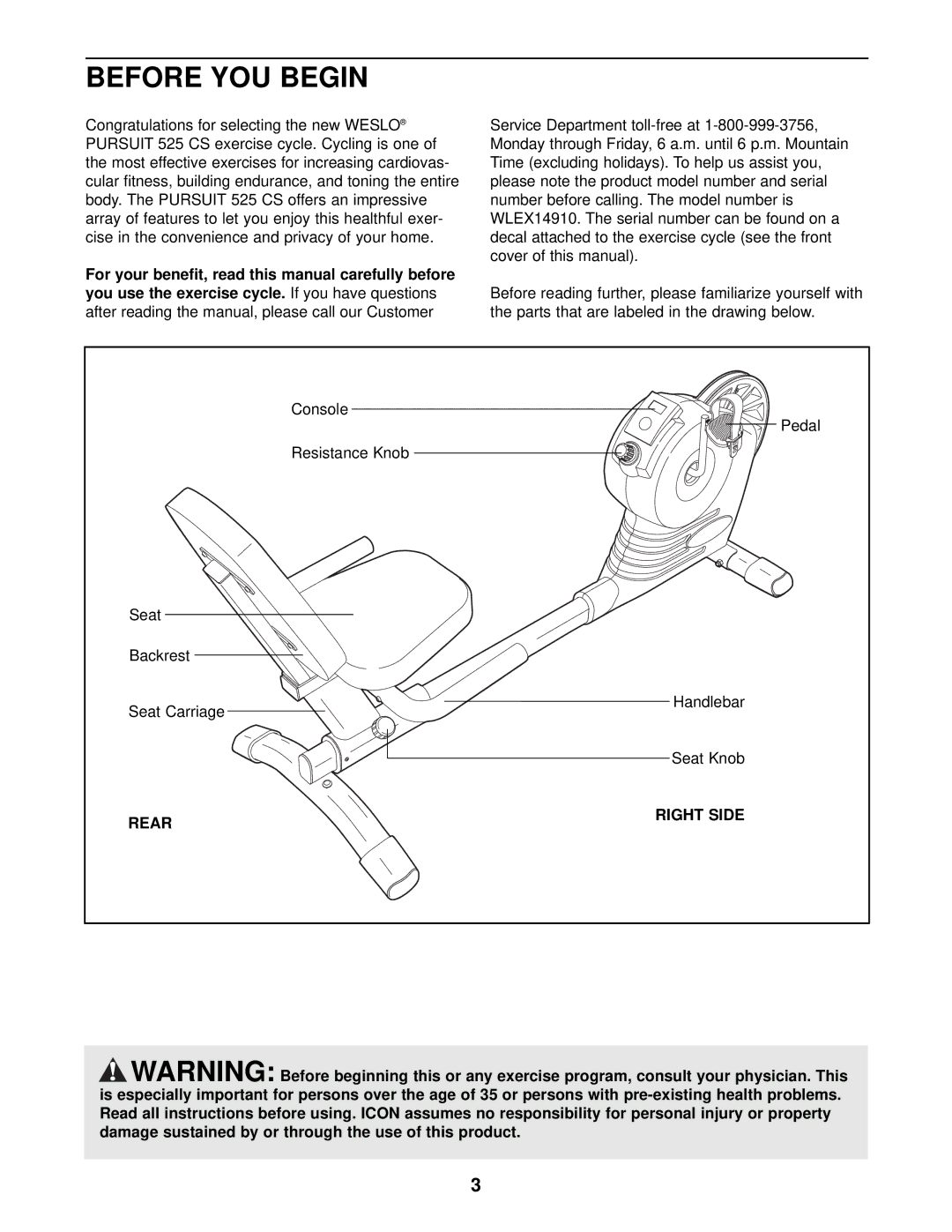 Weslo WLEX14910 user manual Before YOU Begin, Rear Right Side 