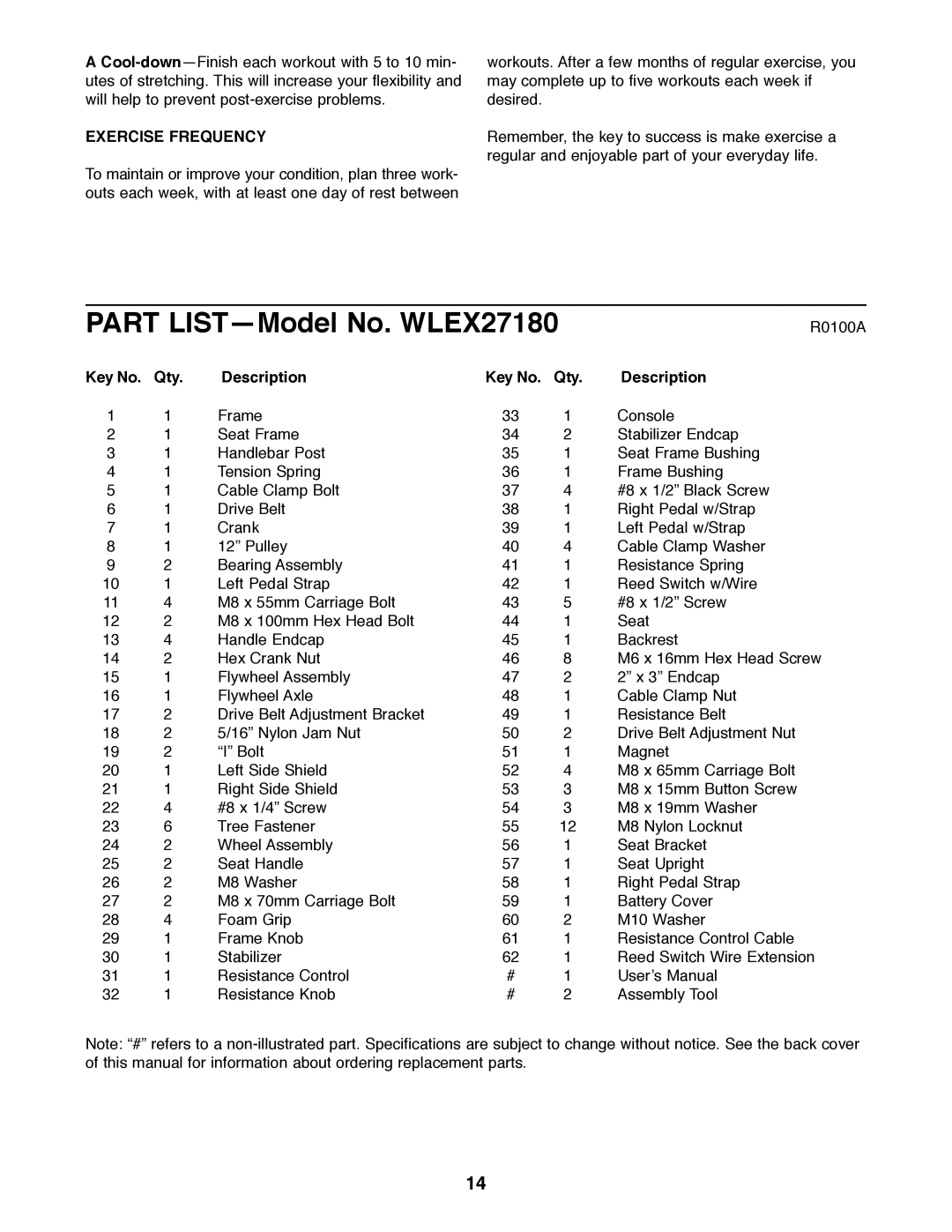 Weslo user manual Part LISTÑModel No. WLEX27180, Exercise Frequency 