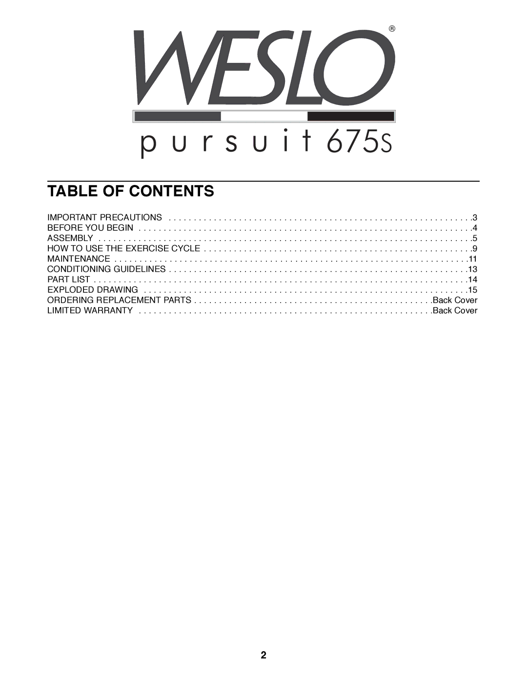 Weslo WLEX27180 user manual Table of Contents 