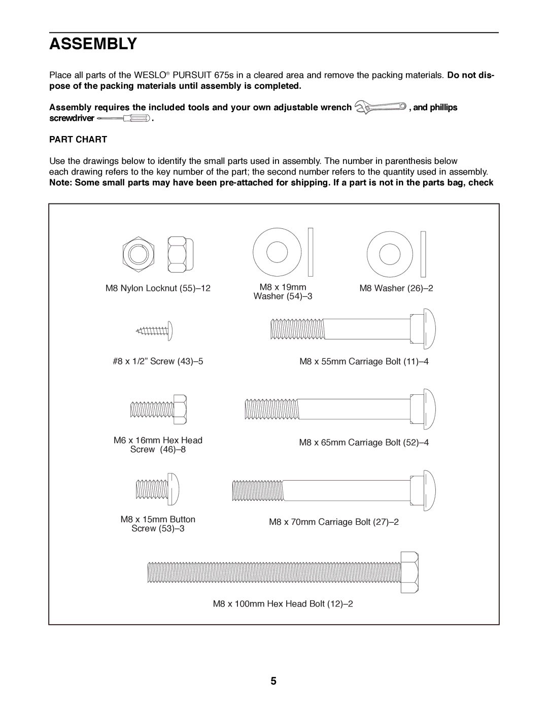 Weslo WLEX27180 user manual Assembly, Part Chart 