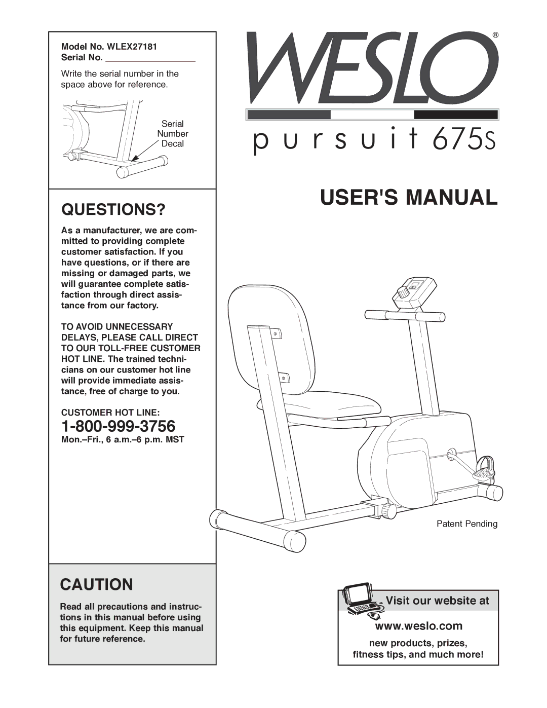 Weslo WLEX27181 user manual Questions?, Customer HOT Line 